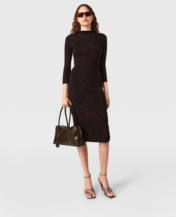 Snake Print Knit Midi Skirt - Black/Brown