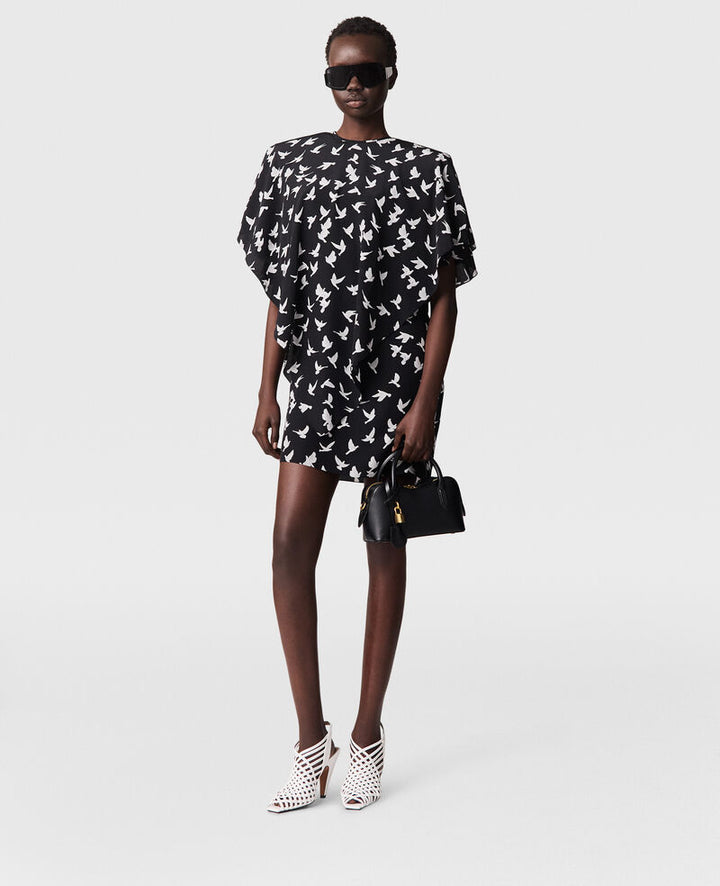 Layered Short-Sleeve Dove Print Mini Dress - Black/White