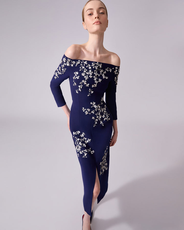 Floral-Embroidered Off-Shoulder Dress - Midnight