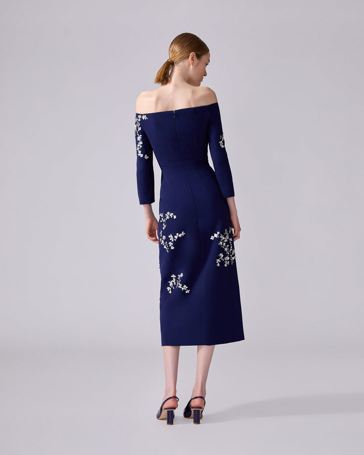 Floral-Embroidered Off-Shoulder Dress - Midnight