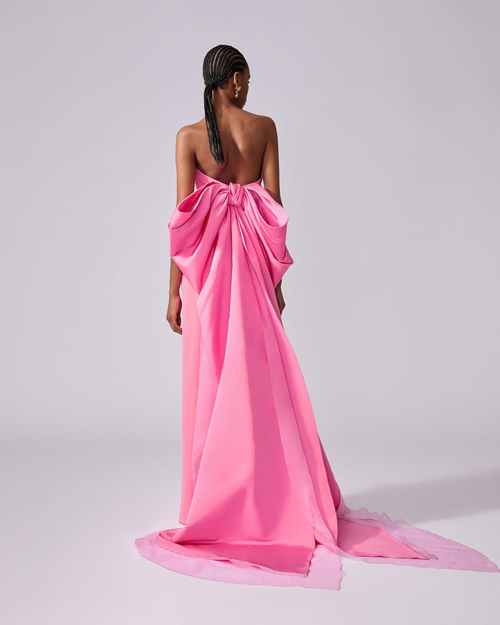 Column Gown with Bow Train - Happy Pink