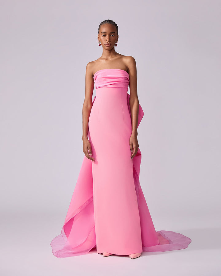 Column Gown with Bow Train - Happy Pink