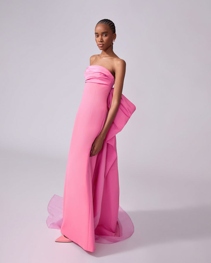 Column Gown with Bow Train - Happy Pink