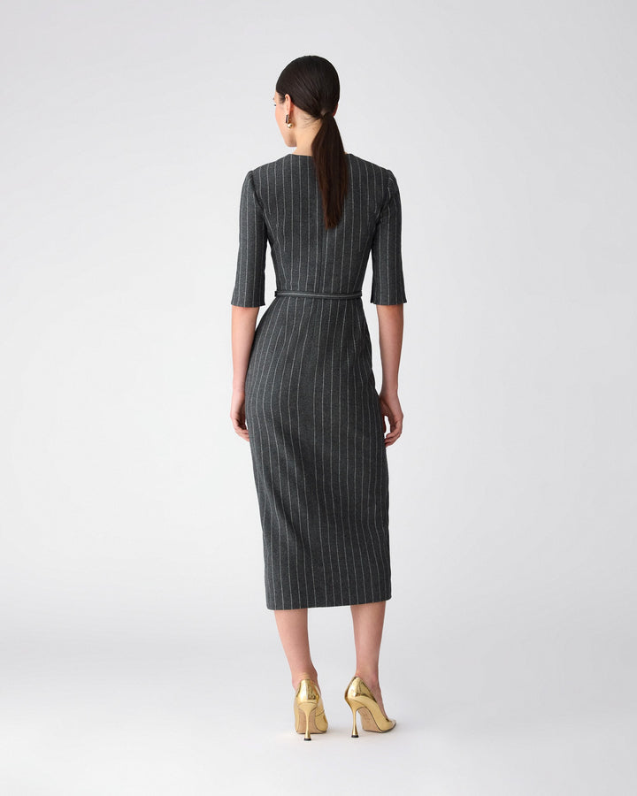 Pinstripe Midi Dress with Belt - Charcoal Grey Melange