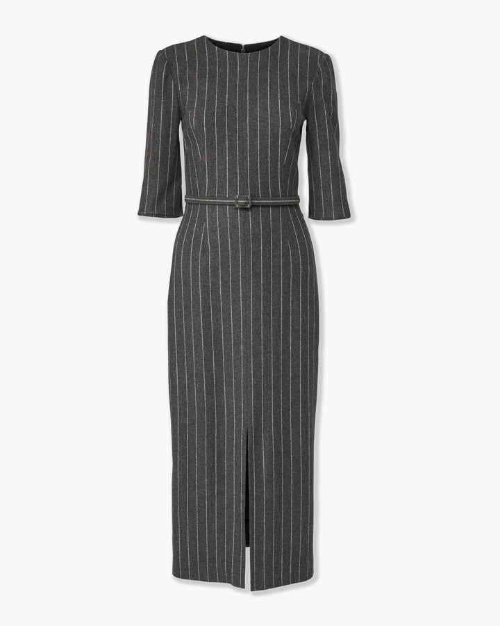 Pinstripe Midi Dress with Belt - Charcoal Grey Melange