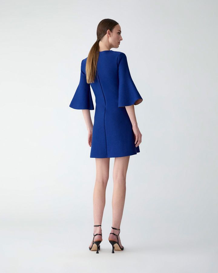 Floral Jacquard Mini Dress with Flared Sleeves - Dark Navy Multi