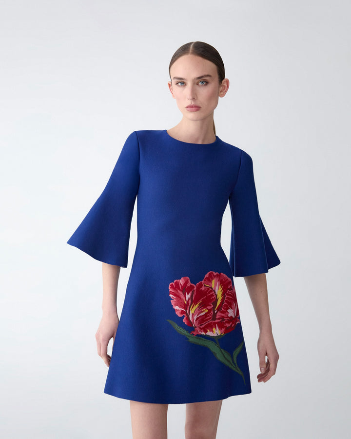 Floral Jacquard Mini Dress with Flared Sleeves - Dark Navy Multi