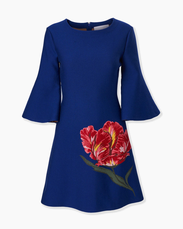 Floral Jacquard Mini Dress with Flared Sleeves - Dark Navy Multi