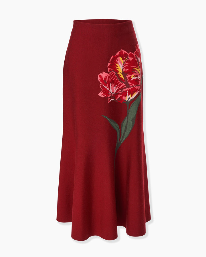 Floral Jacquard Flared Midi Skirt - Garnet Multi