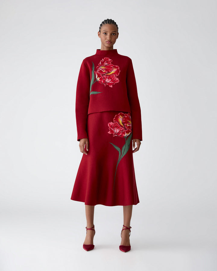 Floral Jacquard Flared Midi Skirt - Garnet Multi