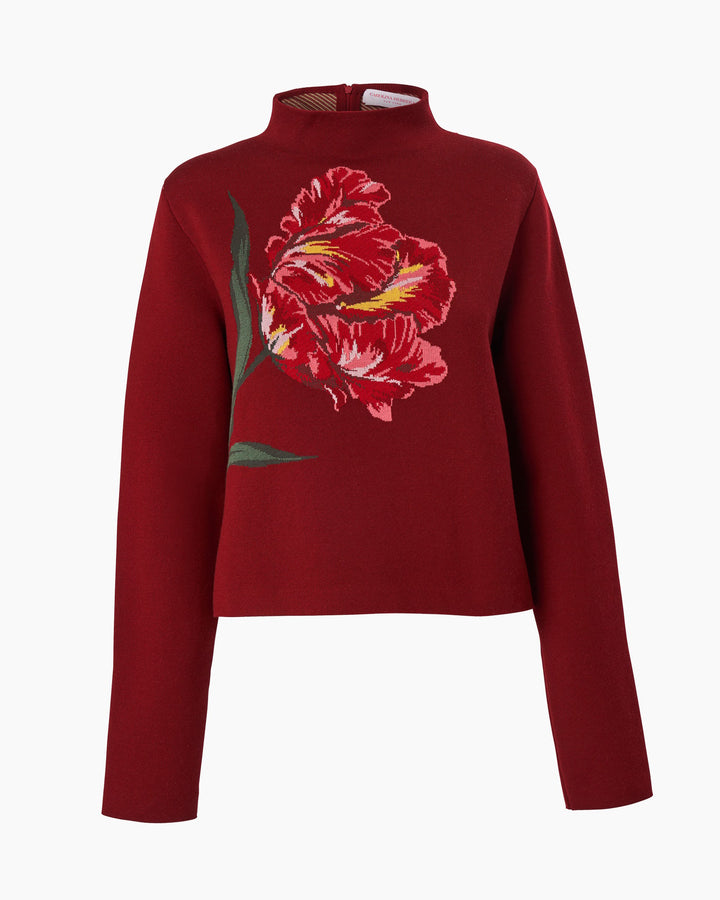Floral Jacquard Funnel Neck Sweater - Garnet Multi