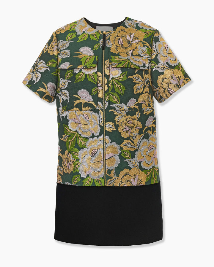 Floral Jacquard and Velvet Shift Dress - Pine Green Multi