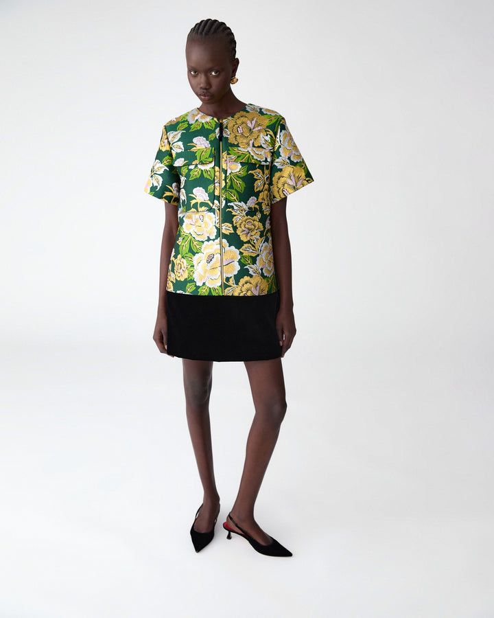 Floral Jacquard and Velvet Shift Dress - Pine Green Multi