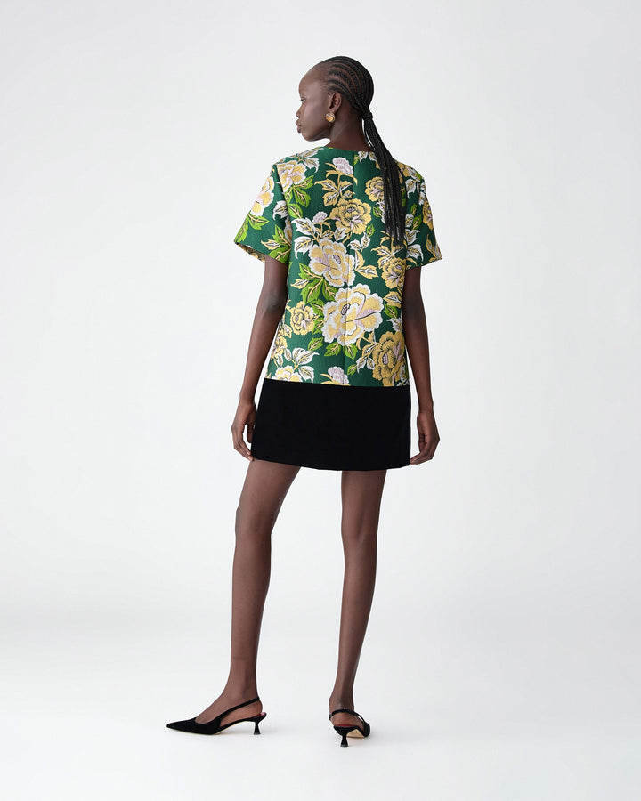 Floral Jacquard and Velvet Shift Dress - Pine Green Multi