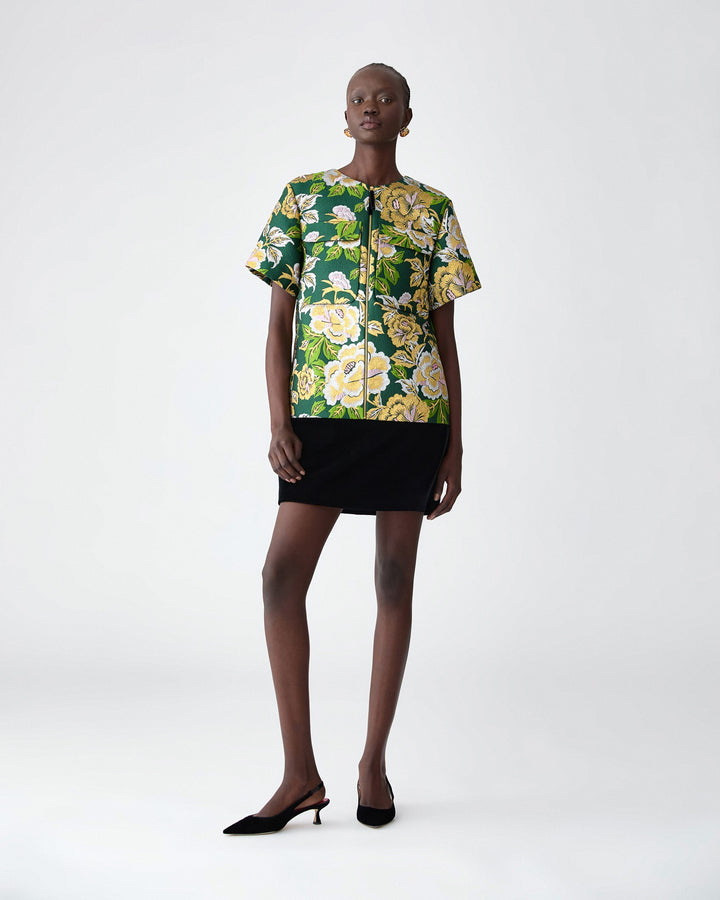 Floral Jacquard and Velvet Shift Dress - Pine Green Multi