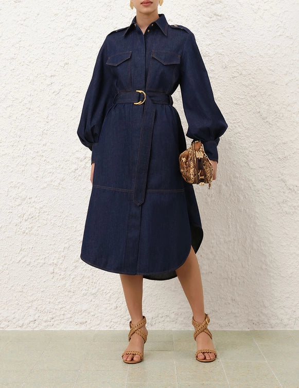 DENIM CARGO MIDI DRESS - Ink