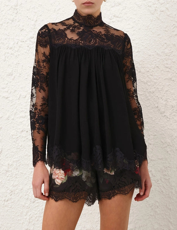 HYPNOTIC LACE YOKE TOP - Black