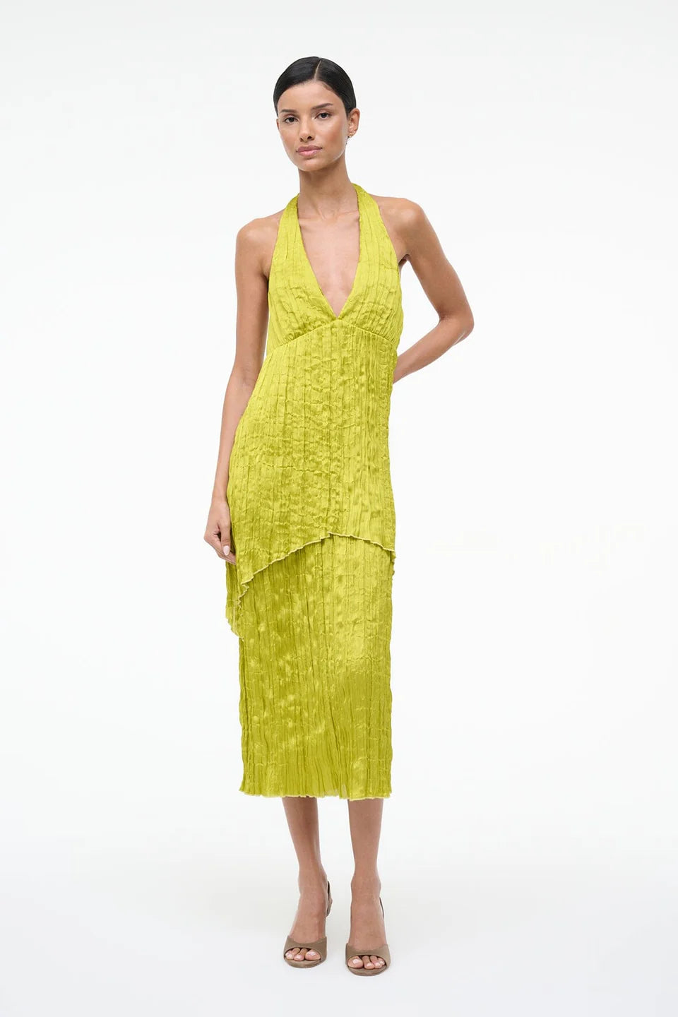 STAUD, Laurie Dress in Chartreuse Plisse, Size 6 STAUD, Laurie Dress in Chartreuse Plisse, Size 6