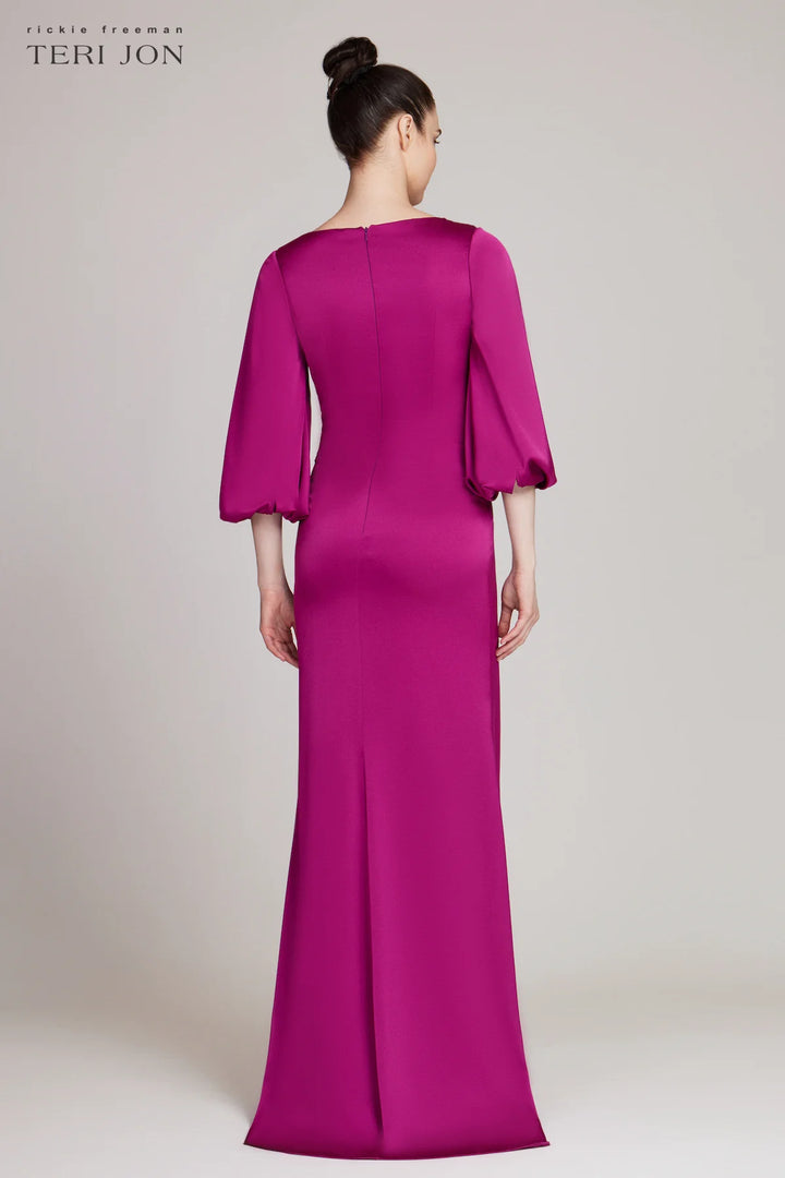 Satin Full Sleeve Side Drape Gown - Magenta