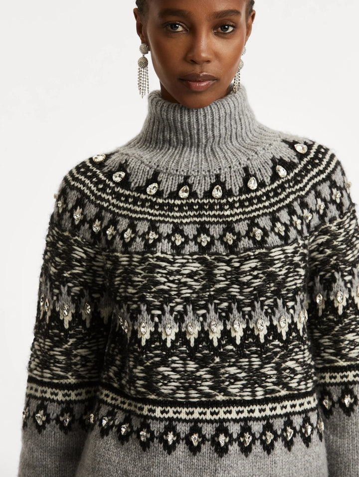Crystal-Detailed Turtleneck Pullover - Black/Ivory/Grey