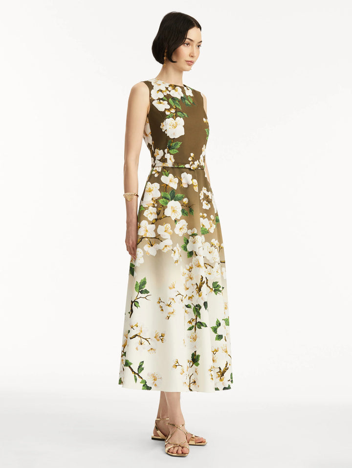 Ombré Cherry Blossom Dress - White/Khaki Ombre