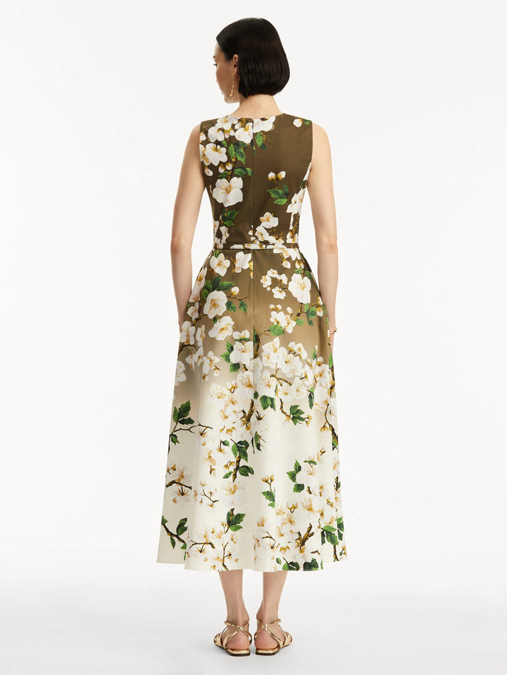 Ombré Cherry Blossom Dress - White/Khaki Ombre