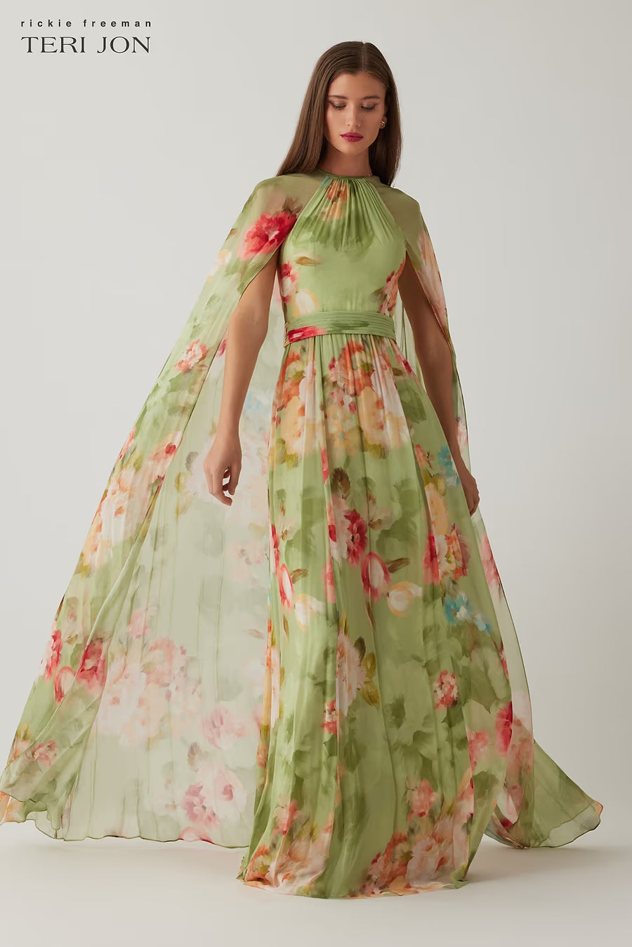 teri jon green dress Chiffon Floral Cape Gown Color:PALE GOLD Sage Green/Whitecap Straight Neck Halter Mini this sophisticated design is