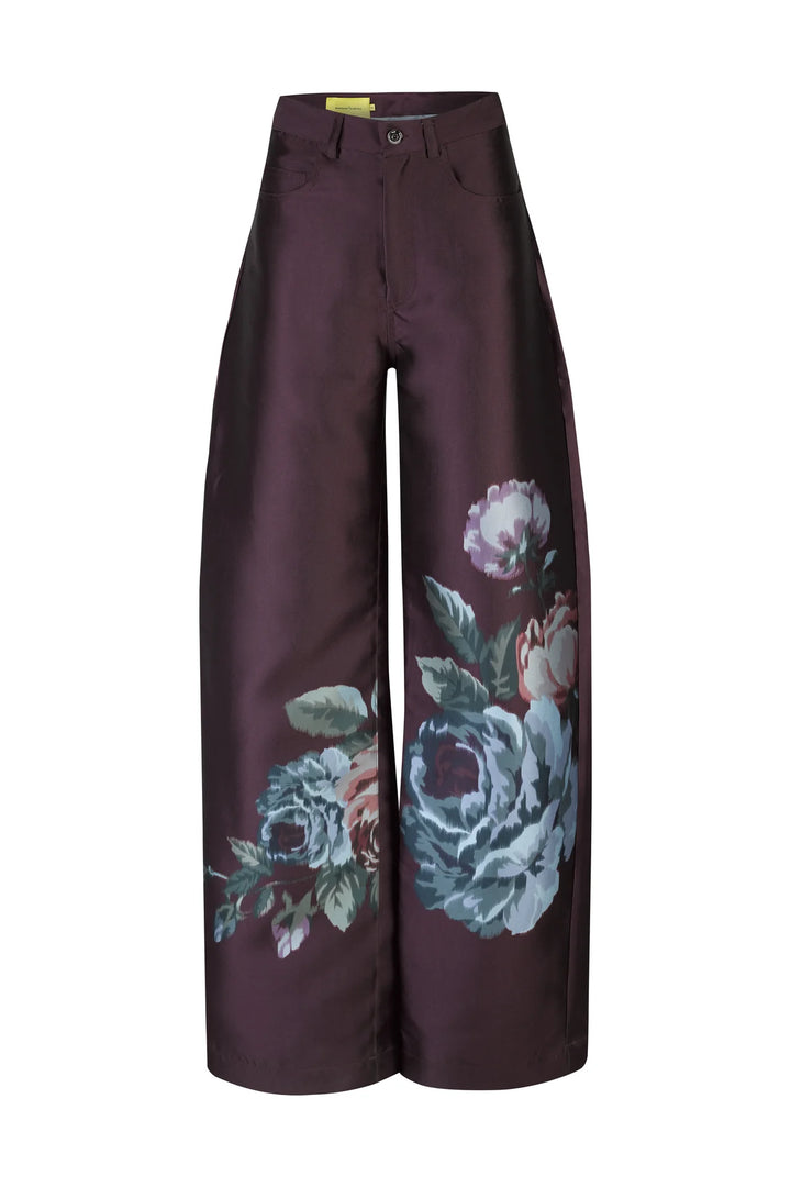 FLOWER MIKADO BOYFRIEND TROUSERS - Burgundy