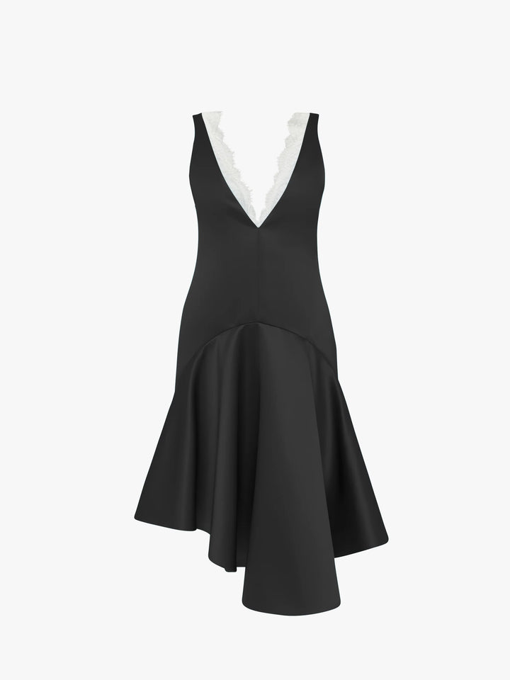 DRAPED HEMLINE V-NECK DRESS - Black