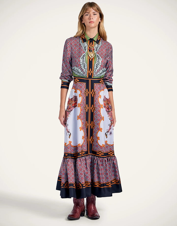 Long Sleeves San Pietro Dress - Mariposa Placée Celeste in Silk Twill
