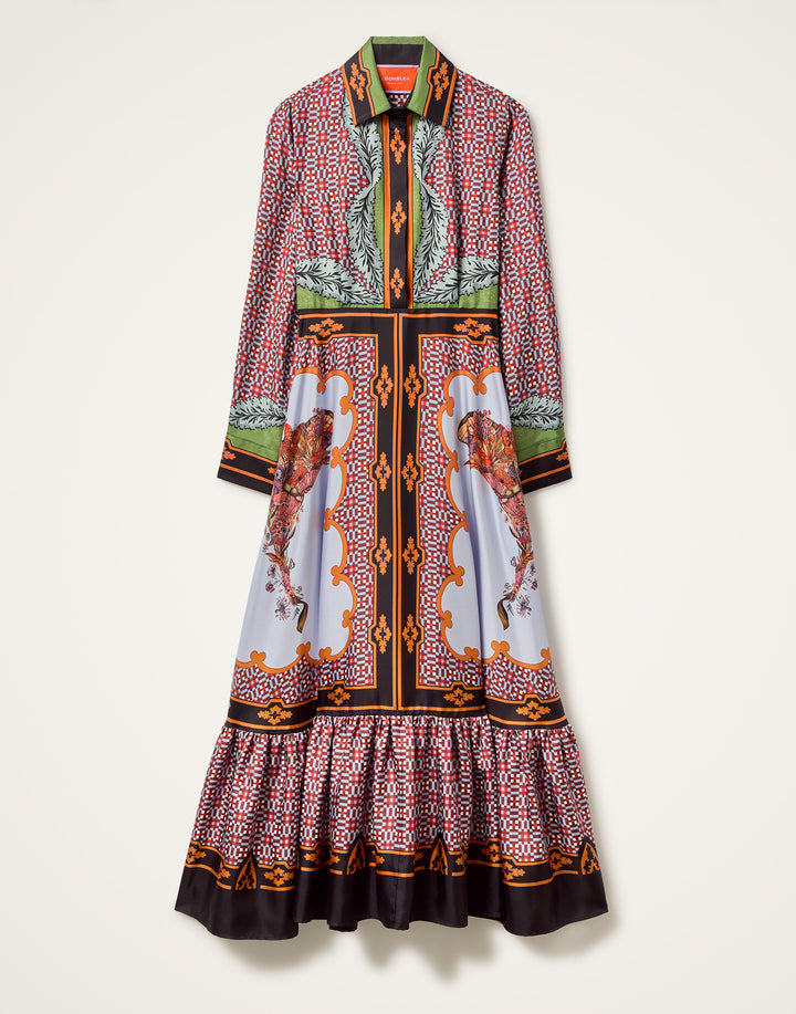 Long Sleeves San Pietro Dress - Mariposa Placée Celeste in Silk Twill