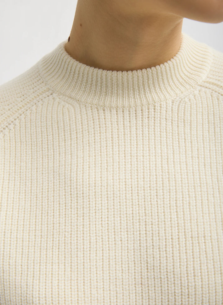 Cardigan Stitch Wool Shrunken Crewneck Pullover - Ivory