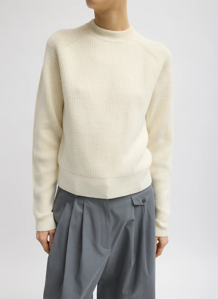 Cardigan Stitch Wool Shrunken Crewneck Pullover - Ivory