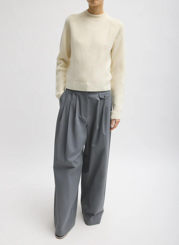 Cardigan Stitch Wool Shrunken Crewneck Pullover - Ivory