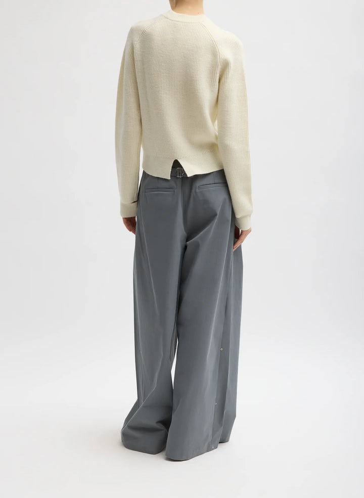 Cardigan Stitch Wool Shrunken Crewneck Pullover - Ivory