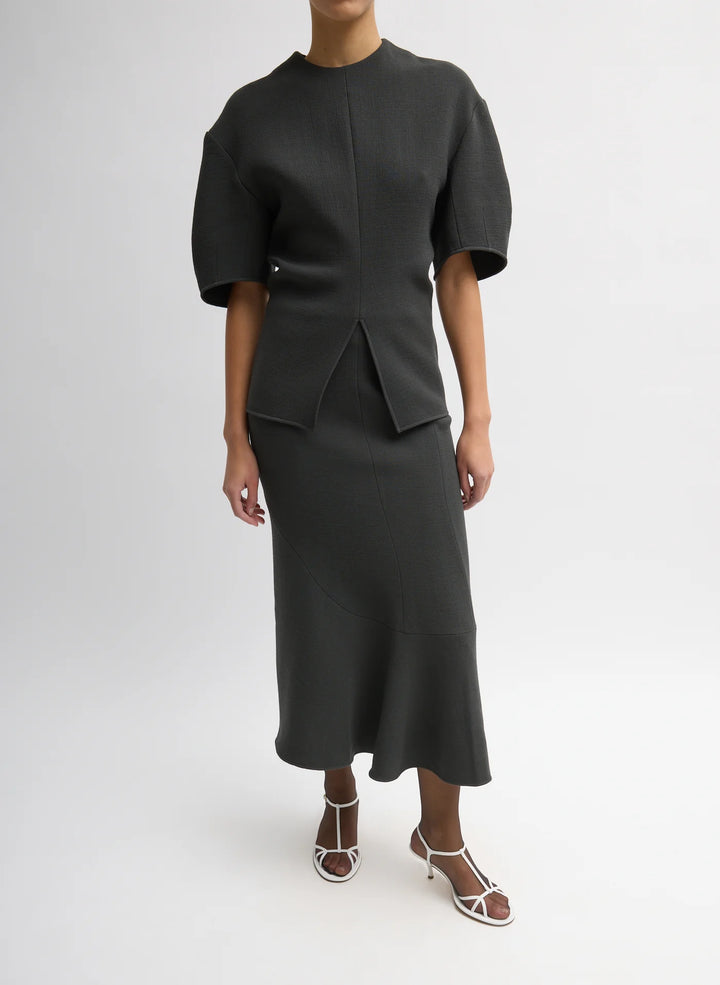 Wool Crepe Slit Front T-Shirt - Dark Grey