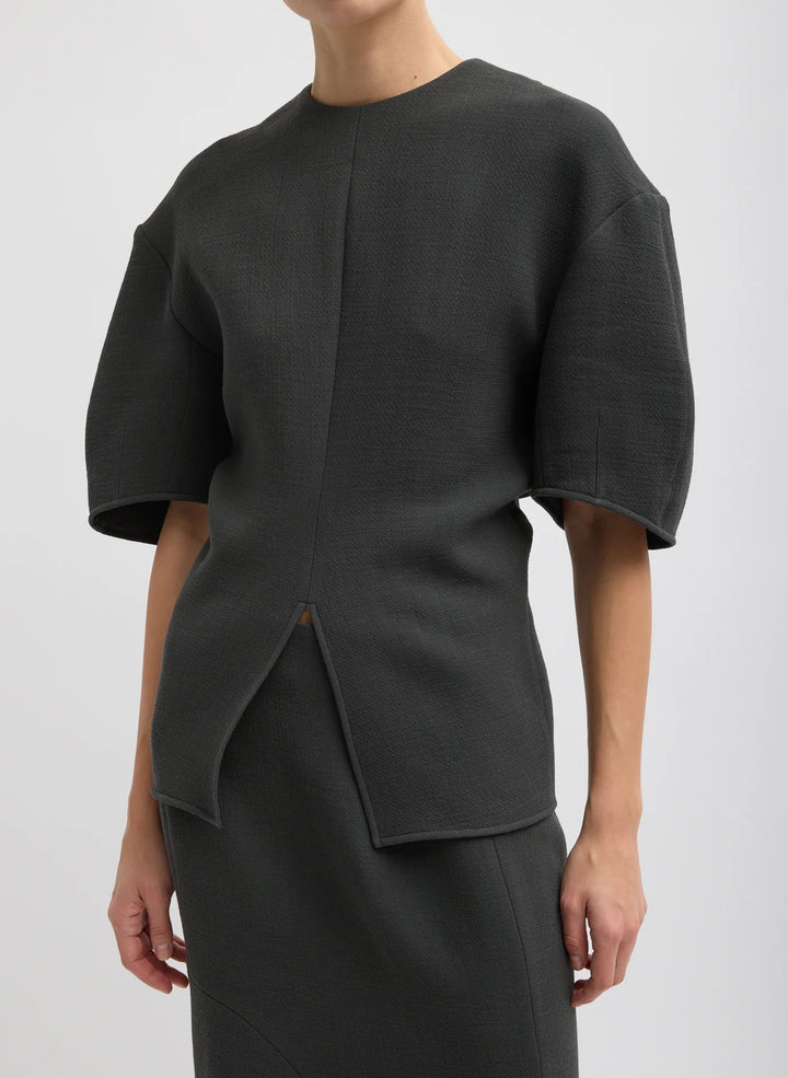 Wool Crepe Slit Front T-Shirt - Dark Grey