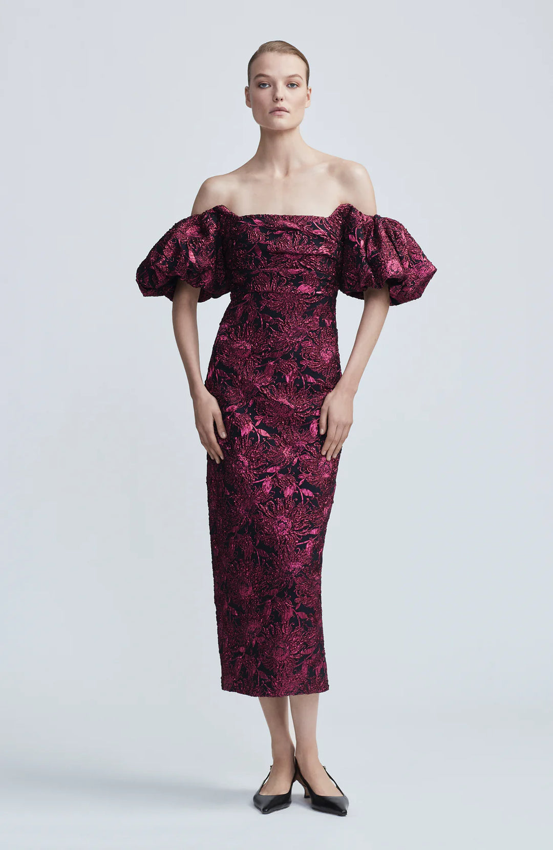 Sunflower Jacquard Puff Sleeve Sheath - Navy/Pink