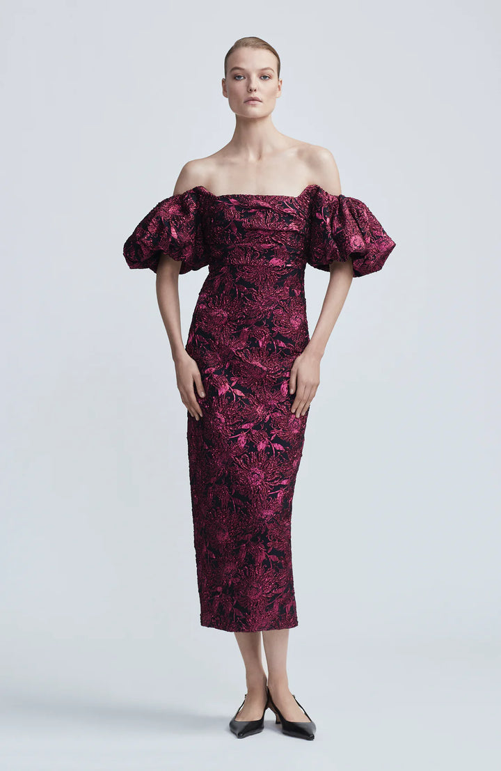 Sunflower Jacquard Puff Sleeve Sheath - Navy/Pink