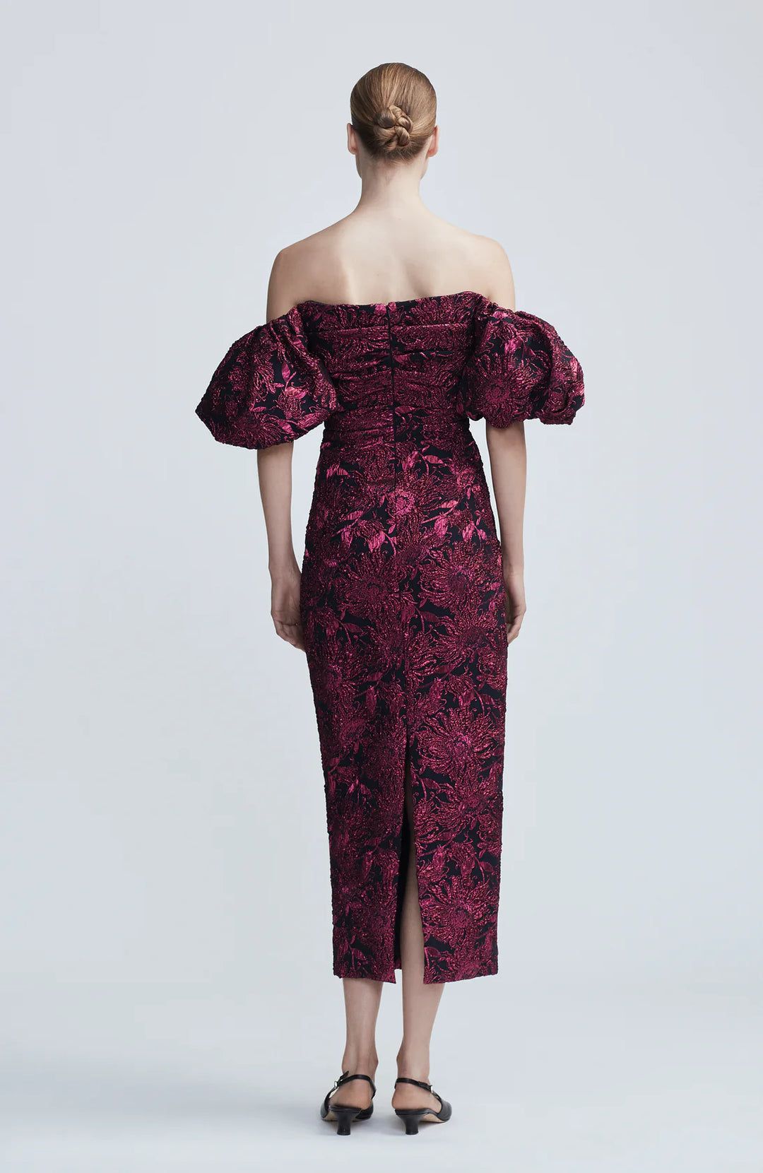 Sunflower Jacquard Puff Sleeve Sheath - Navy/Pink