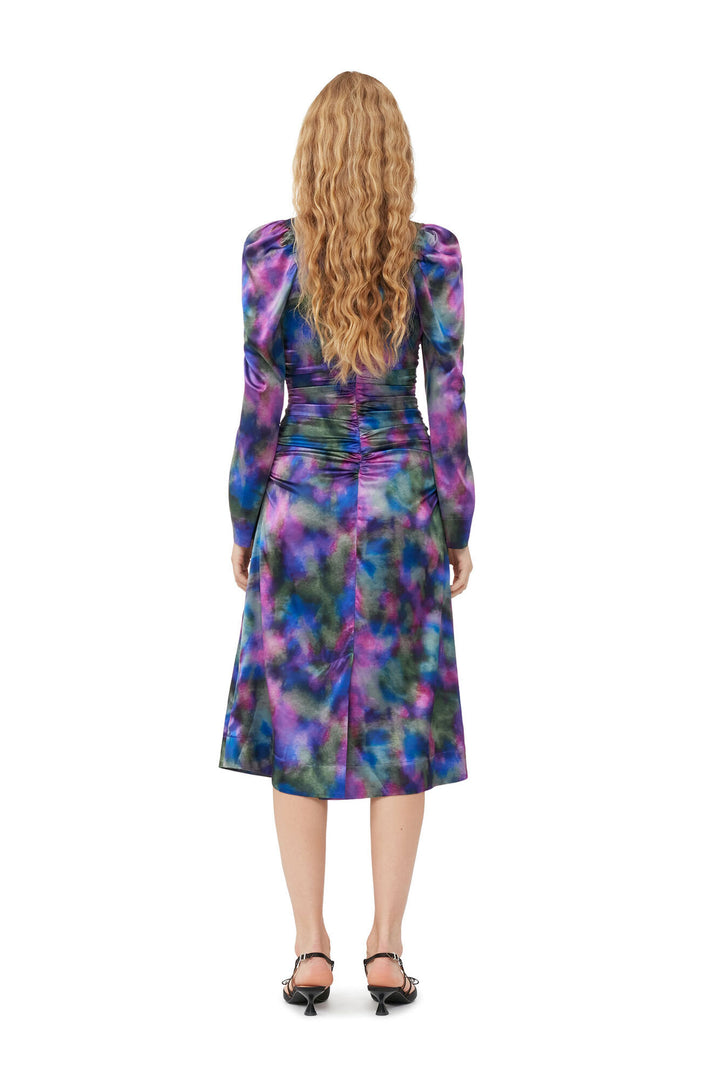 SILK SATIN O-NECK MIDI DRESS - Purple