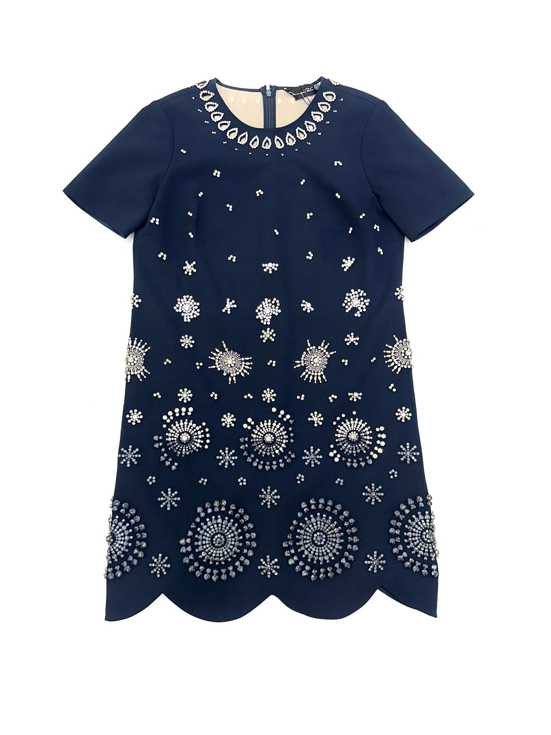 Short Sleeve Embroidered Stretch Wool Dress - Navy