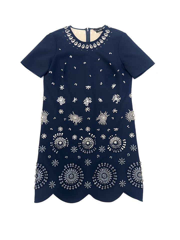 Short Sleeve Embroidered Stretch Wool Dress - Navy
