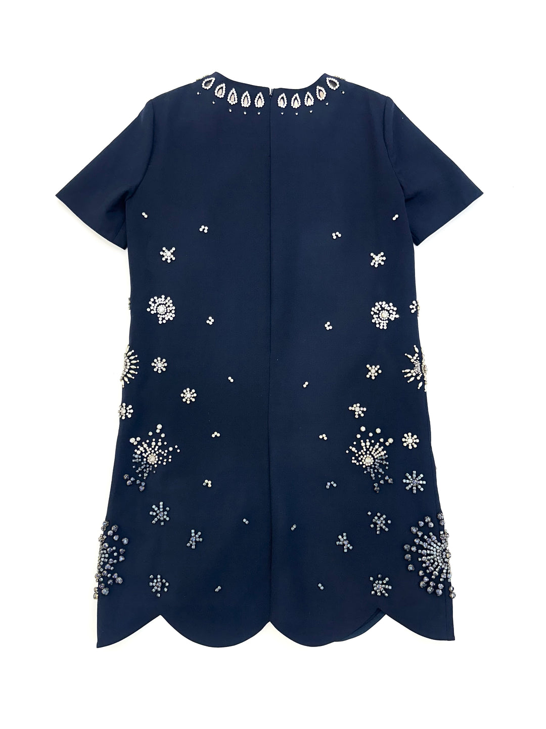 Short Sleeve Embroidered Stretch Wool Dress - Navy