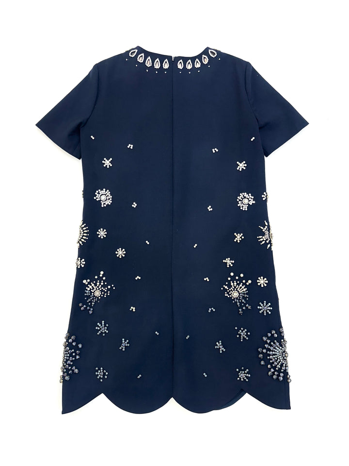 Short Sleeve Embroidered Stretch Wool Dress - Navy