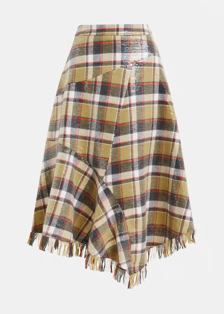 IPLAID ASYMMETRIC SEQUIN SKIRT - Dark Blue/Khaki/Red