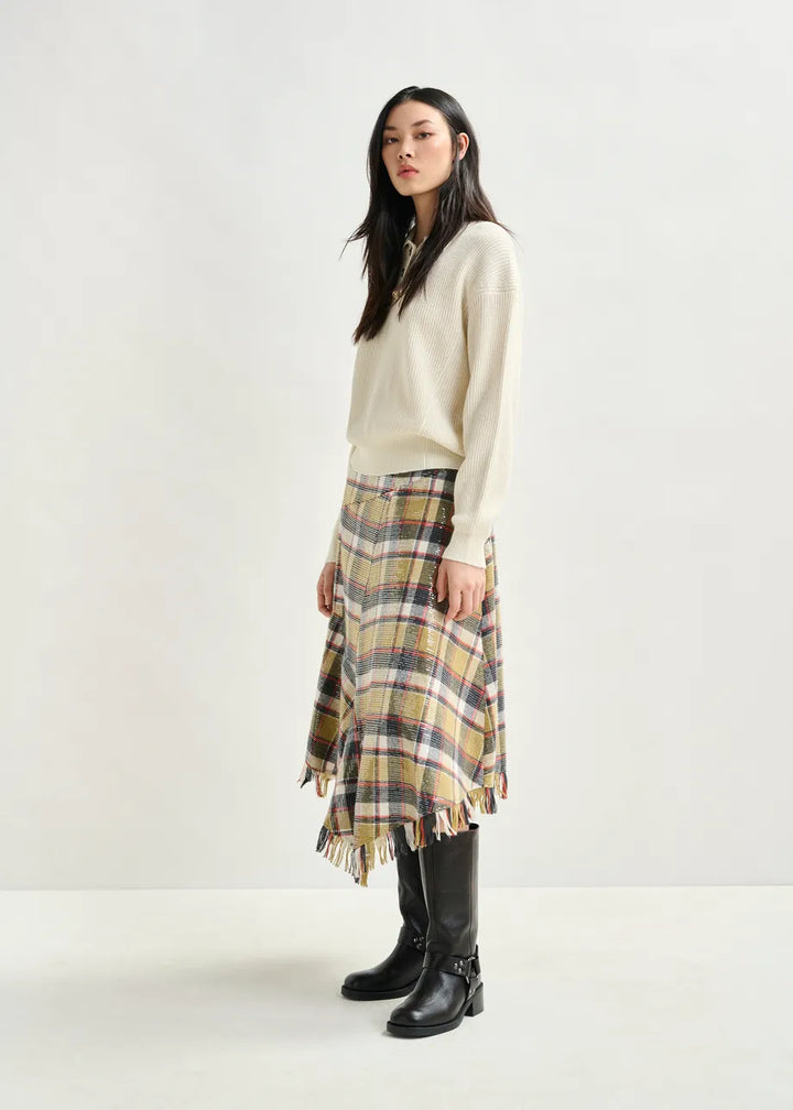 IPLAID ASYMMETRIC SEQUIN SKIRT - Dark Blue/Khaki/Red