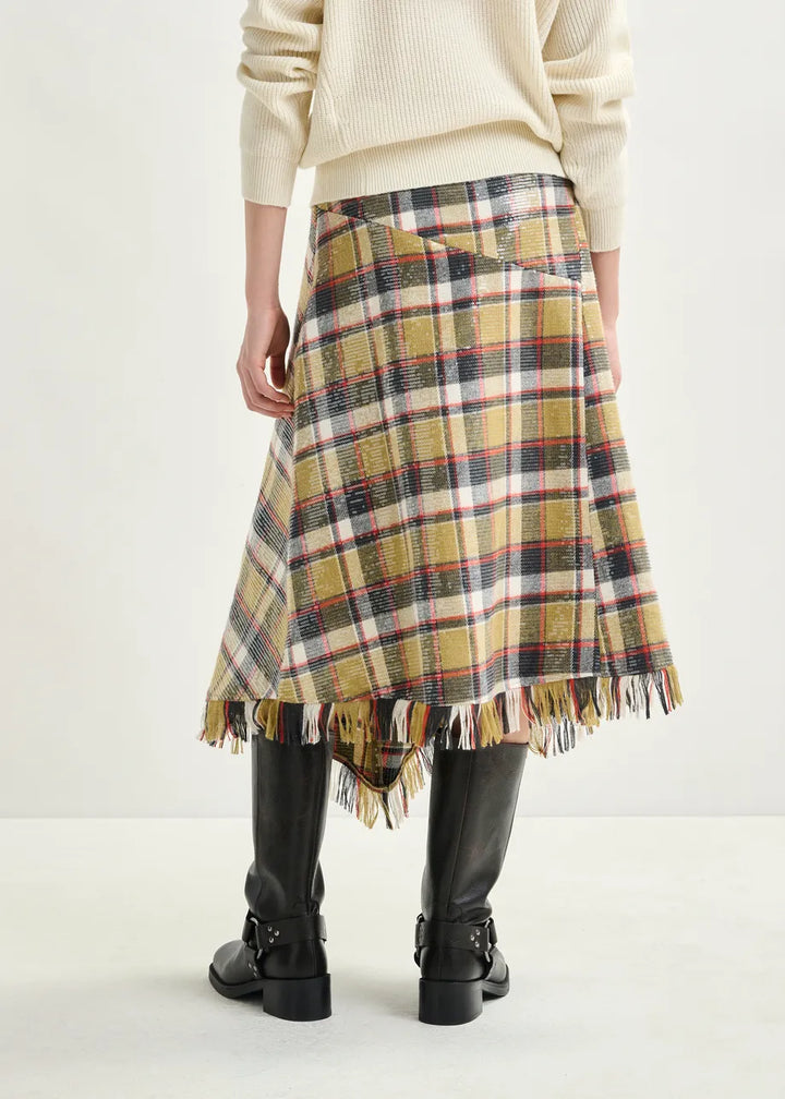 IPLAID ASYMMETRIC SEQUIN SKIRT - Dark Blue/Khaki/Red