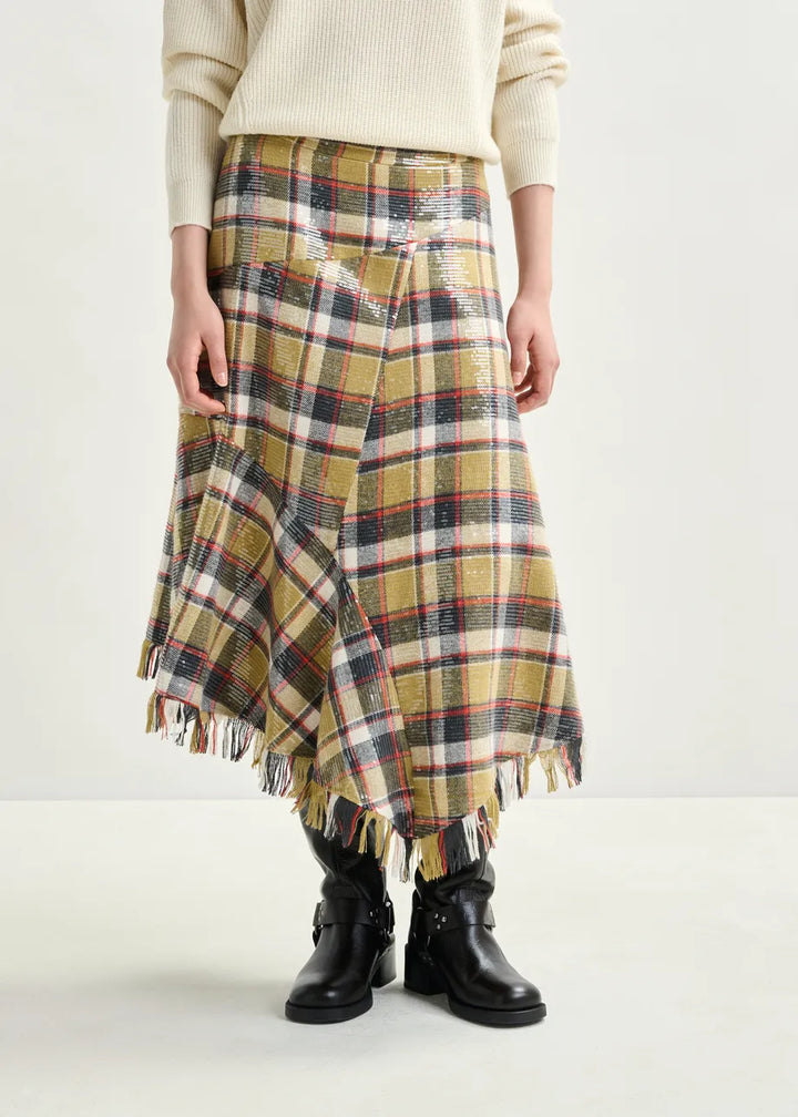 IPLAID ASYMMETRIC SEQUIN SKIRT - Dark Blue/Khaki/Red