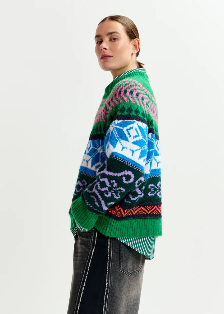 IRELANDO JACQUARD KNIT SWEATER - Blue/Green Multi